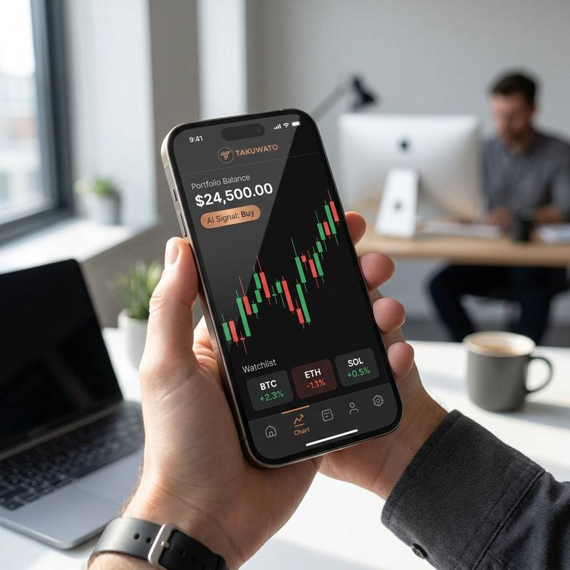 Takuwatoのスマートフォンアプリで、ローソク足チャート、ポートフォリオ残高、AIシグナル、BTC・ETH・SOLのウォッチリストを確認する手元。背景にはオフィスのデスク
